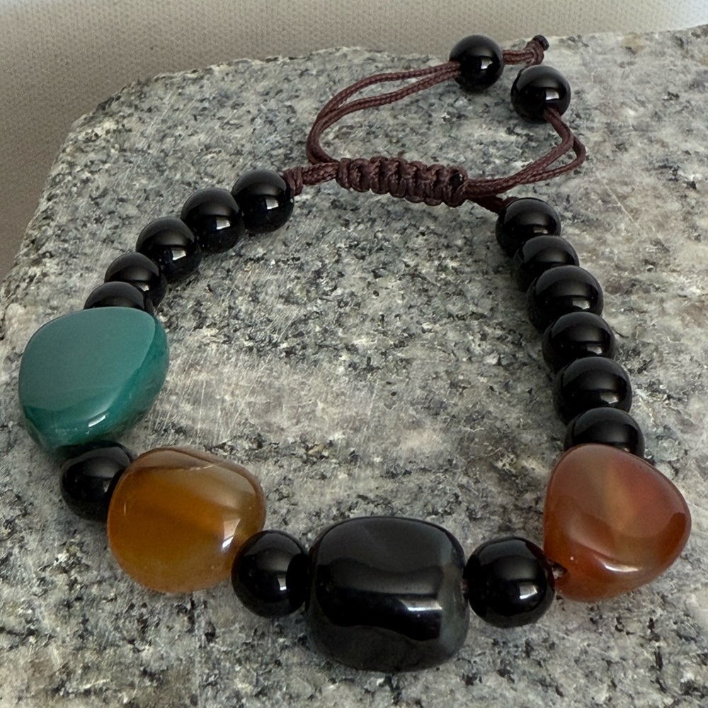 Black and Green Beaded Bracelet with Adjustable Cord